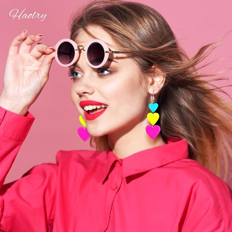 HOLYRY Neon Heart Earrings for Women Acrylic Neon Earrings 80s 90s Outfit for Women Glow Party Accessories Gifts Hot Pink Orange Green Yellow - Image 5